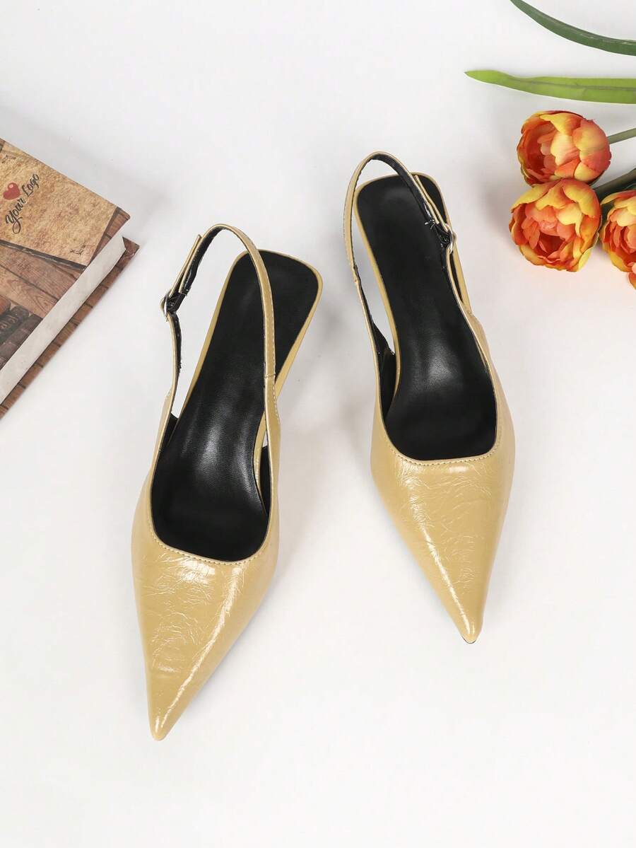 Women's Pointed Toe Slingback Mid Heel Pumps, Glossy Faux Leather Buckle Strap Kitten Heels for Work