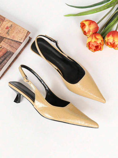 Women's Pointed Toe Slingback Mid Heel Pumps, Glossy Faux Leather Buckle Strap Kitten Heels for Work