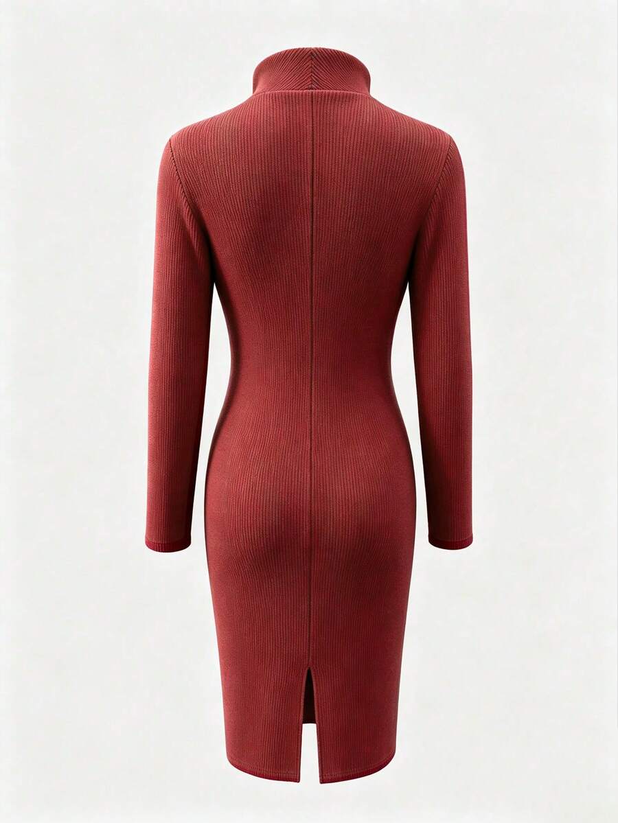 Aurelie Collared V-Neck Ribbed Knit Midi Sweater Dress - Apricot