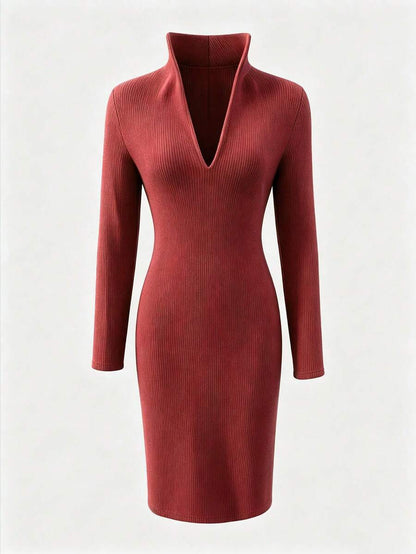 Aurelie Collared V-Neck Ribbed Knit Midi Sweater Dress - Rust Red