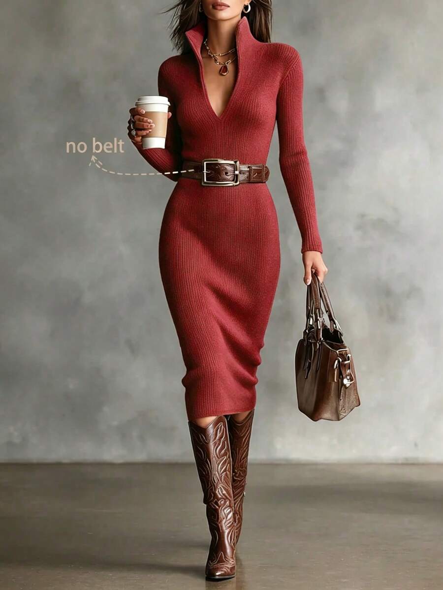 Aurelie Collared V-Neck Ribbed Knit Midi Sweater Dress - Dark Blue