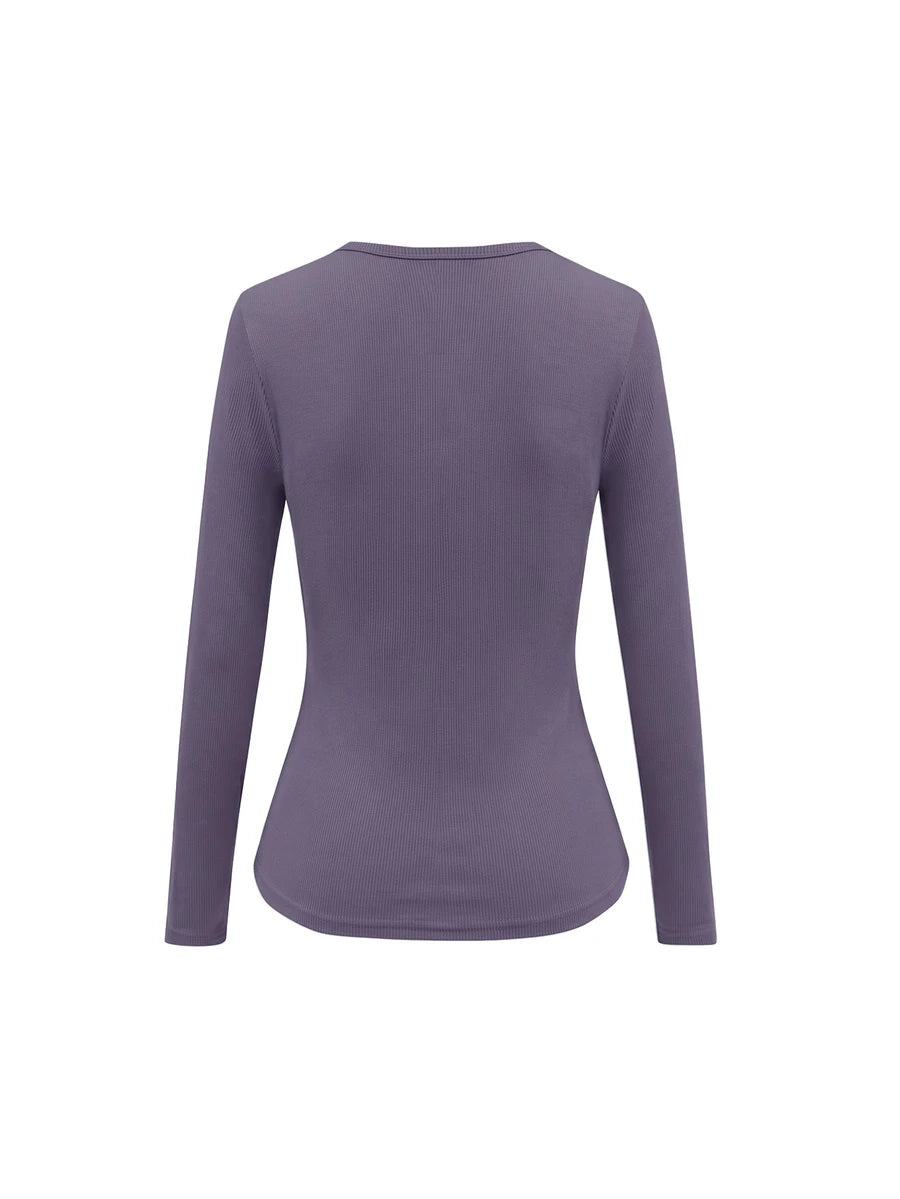 Siena Deep V Neck Ribbed Knit Long Sleeve Fitted Top