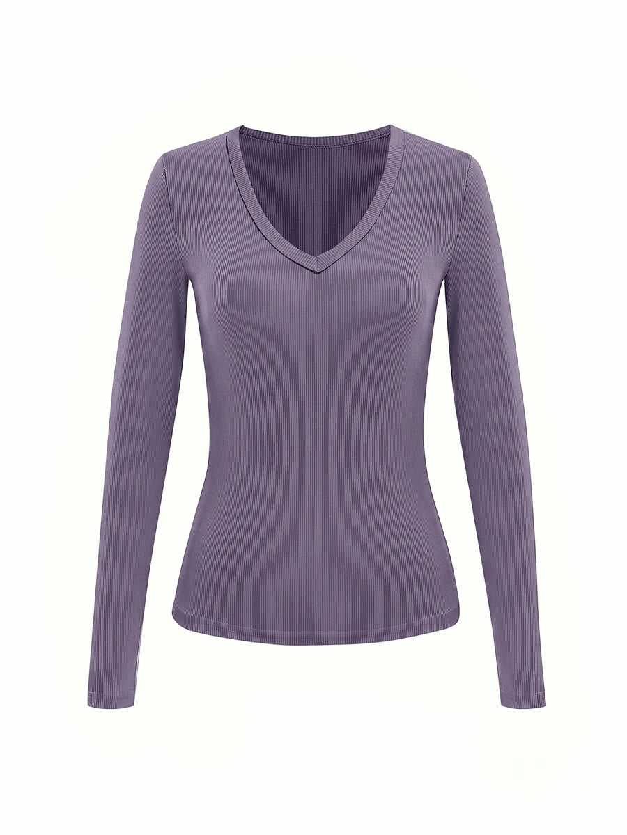 Siena Deep V Neck Ribbed Knit Long Sleeve Fitted Top