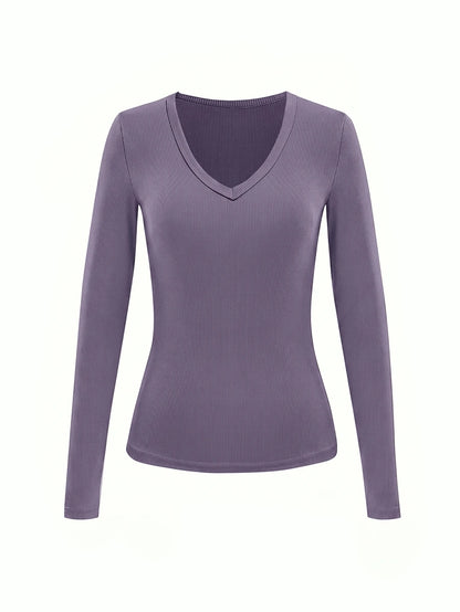 Siena Deep V Neck Ribbed Knit Long Sleeve Fitted Top