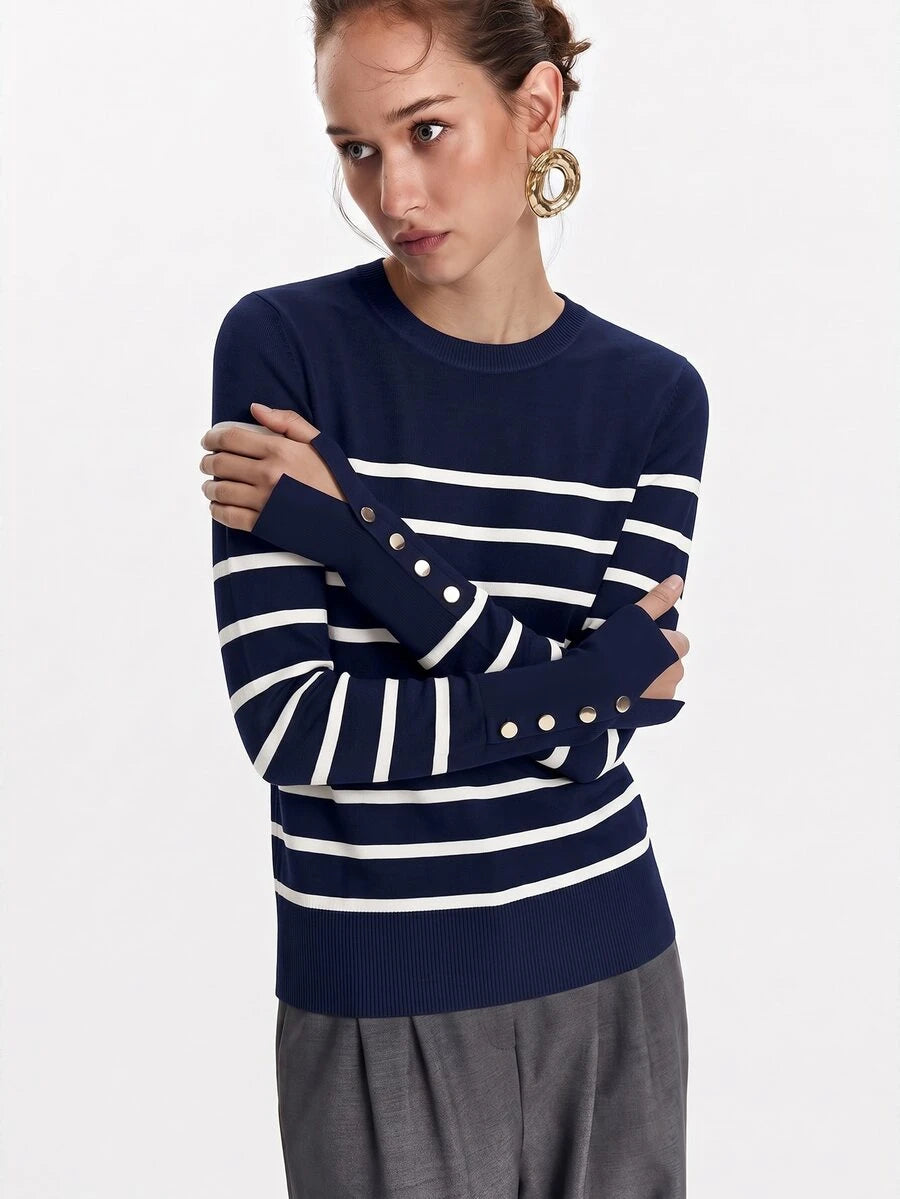 Women's Fine Knit Sweater with Button Cuffs, Lightweight Pullover for Fall Work Casual - Beige