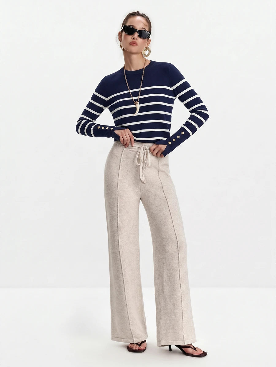 Women's Fine Knit Sweater with Button Cuffs, Lightweight Pullover for Fall Work Casual - Beige