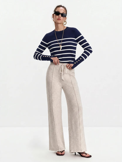 Women's Fine Knit Sweater with Button Cuffs, Lightweight Pullover for Fall Work Casual - Beige