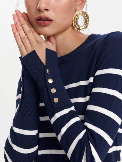 Women's Fine Knit Sweater with Button Cuffs, Lightweight Pullover for Fall Work Casual - Beige