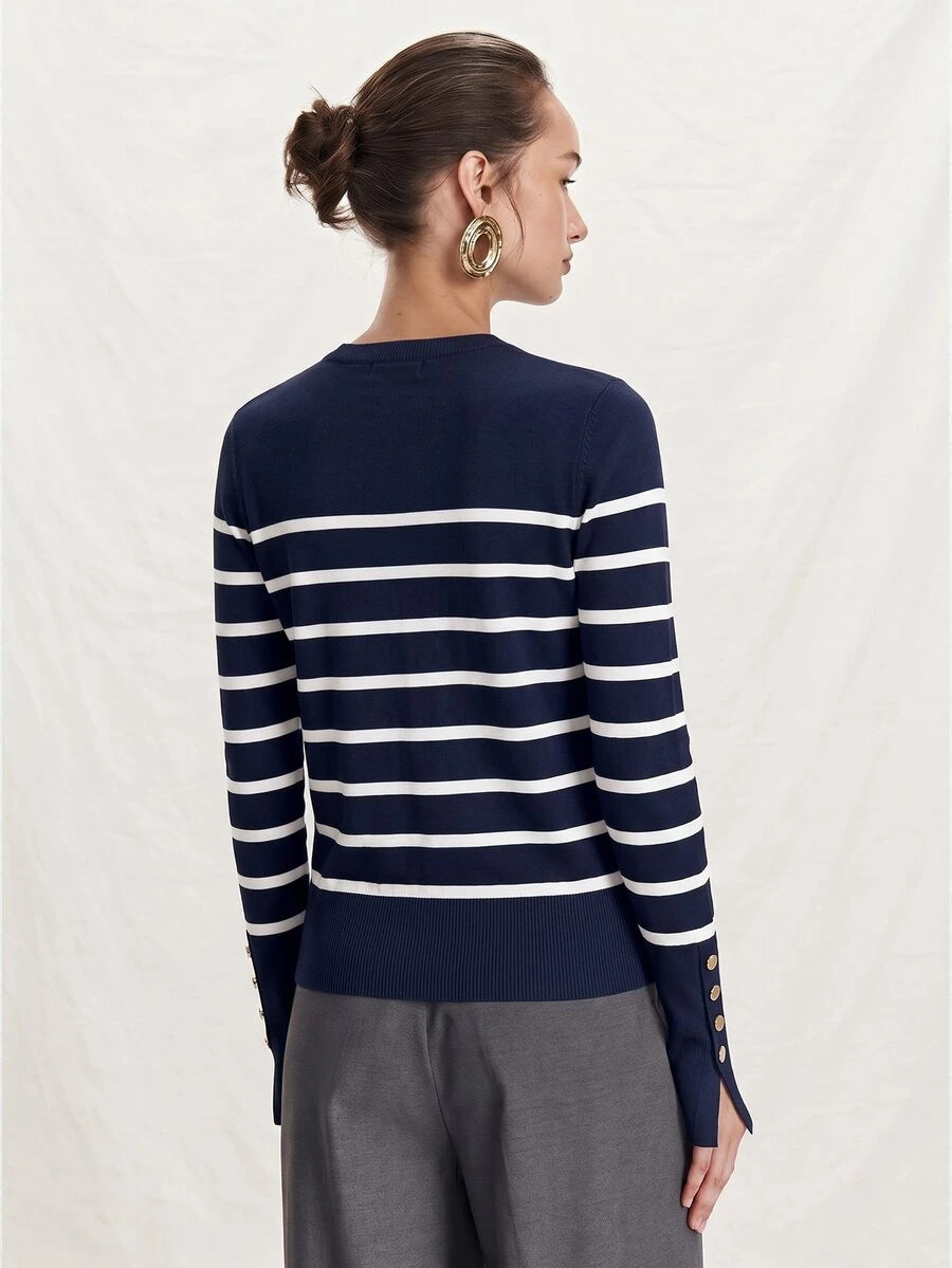 Women's Fine Knit Sweater with Button Cuffs, Lightweight Pullover for Fall Work Casual - Beige