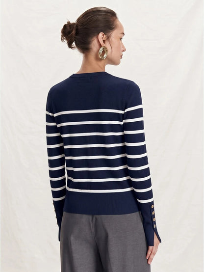 Women's Fine Knit Sweater with Button Cuffs, Lightweight Pullover for Fall Work Casual - Beige