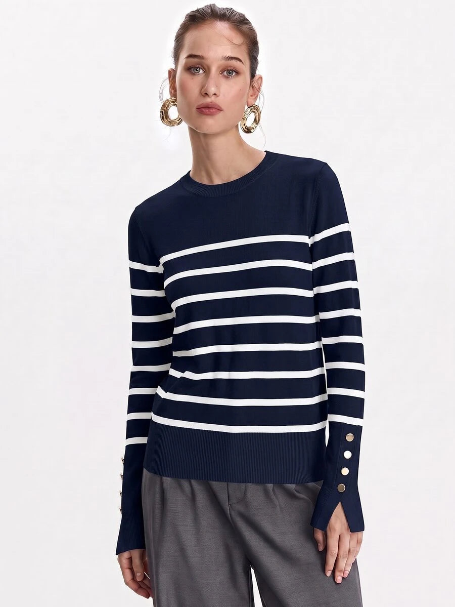 Women's Fine Knit Sweater with Button Cuffs, Lightweight Pullover for Fall Work Casual - Beige