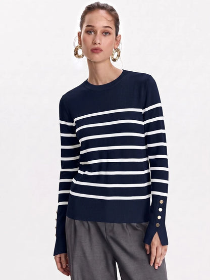 Women's Fine Knit Sweater with Button Cuffs, Lightweight Pullover for Fall Work Casual - Beige