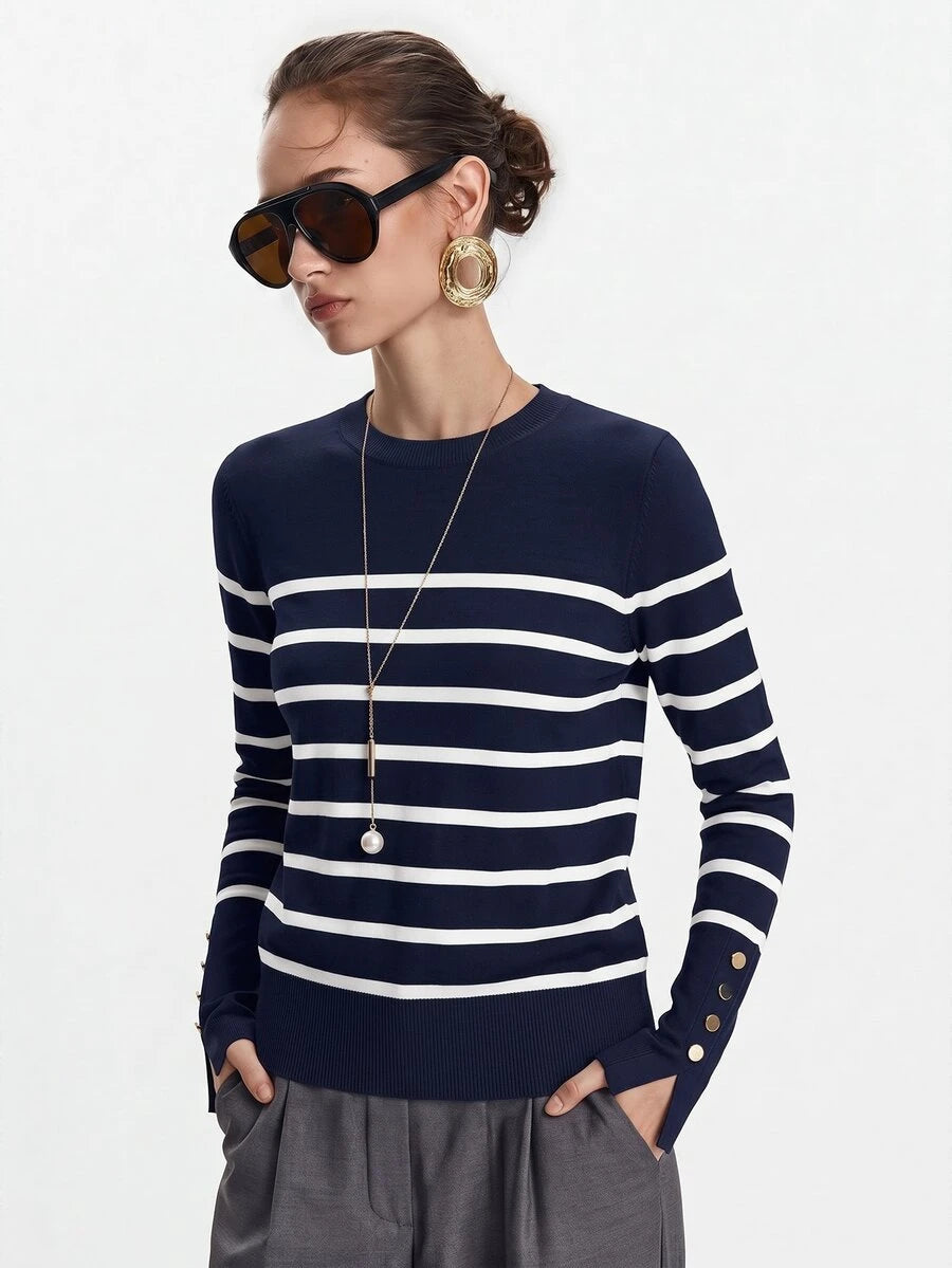 Women's Fine Knit Sweater with Button Cuffs, Lightweight Pullover for Fall Work Casual - Beige