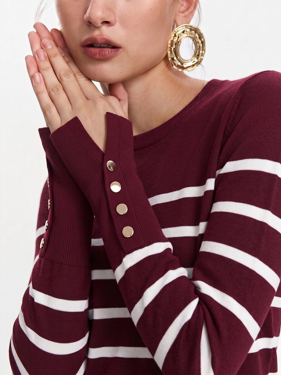 Women's Fine Knit Sweater with Button Cuffs, Lightweight Pullover for Fall Work Casual - Beige