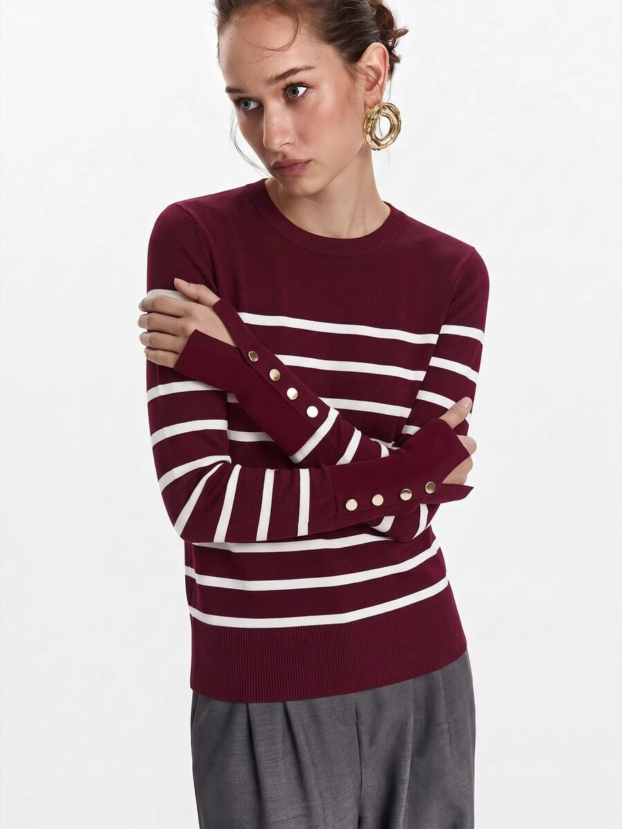 Women's Fine Knit Sweater with Button Cuffs, Lightweight Pullover for Fall Work Casual - Beige