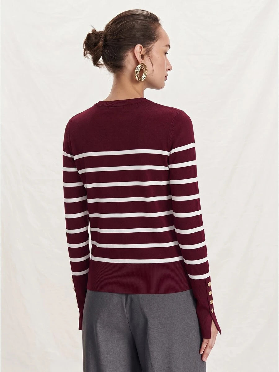 Women's Fine Knit Sweater with Button Cuffs, Lightweight Pullover for Fall Work Casual - Beige