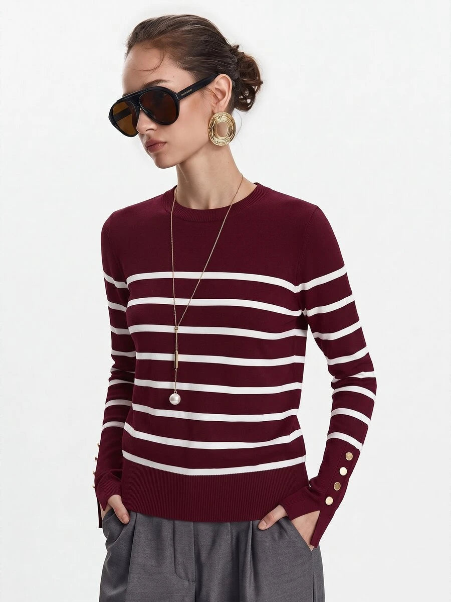 Women's Fine Knit Sweater with Button Cuffs, Lightweight Pullover for Fall Work Casual - Beige