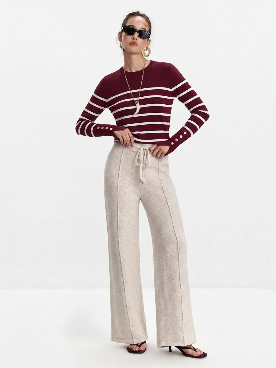 Women's Fine Knit Sweater with Button Cuffs, Lightweight Pullover for Fall Work Casual - Beige