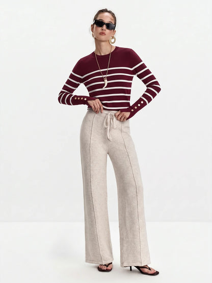 Women's Fine Knit Sweater with Button Cuffs, Lightweight Pullover for Fall Work Casual - Beige