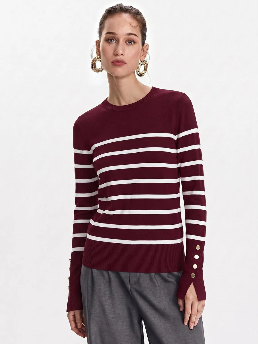 Women's Fine Knit Sweater with Button Cuffs, Lightweight Pullover for Fall Work Casual - Beige