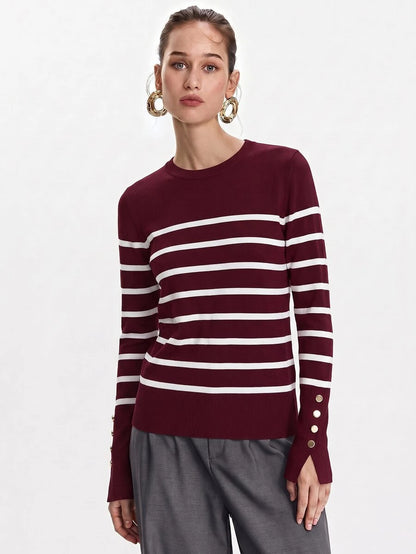 Women's Fine Knit Sweater with Button Cuffs, Lightweight Pullover for Fall Work Casual - Beige