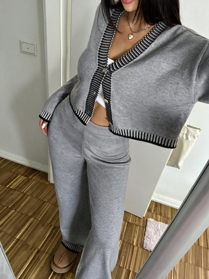 Domenica Contrast Trim Cropped Cardigan and Knit Pants Set - Khaki