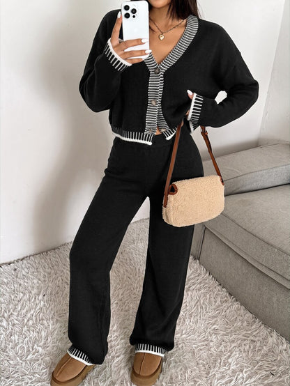 Domenica Contrast Trim Cropped Cardigan and Knit Pants Set - Brown