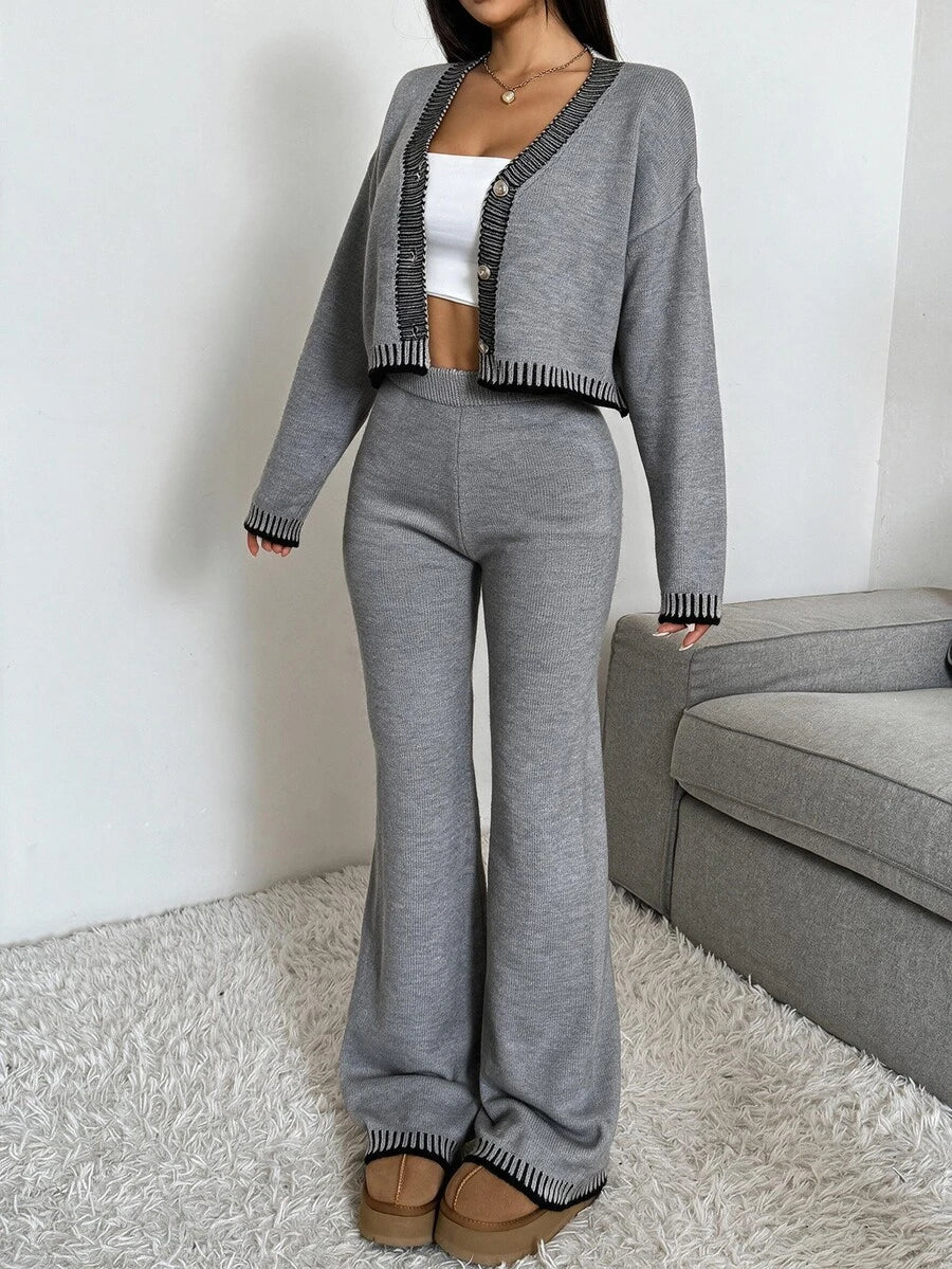 Domenica Contrast Trim Cropped Cardigan and Knit Pants Set - Army Green