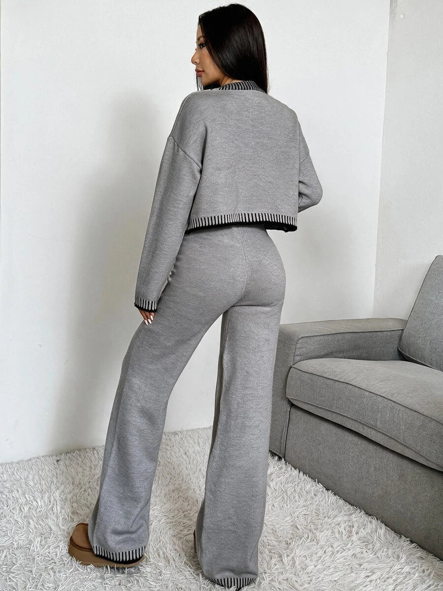Domenica Contrast Trim Cropped Cardigan and Knit Pants Set - Grey