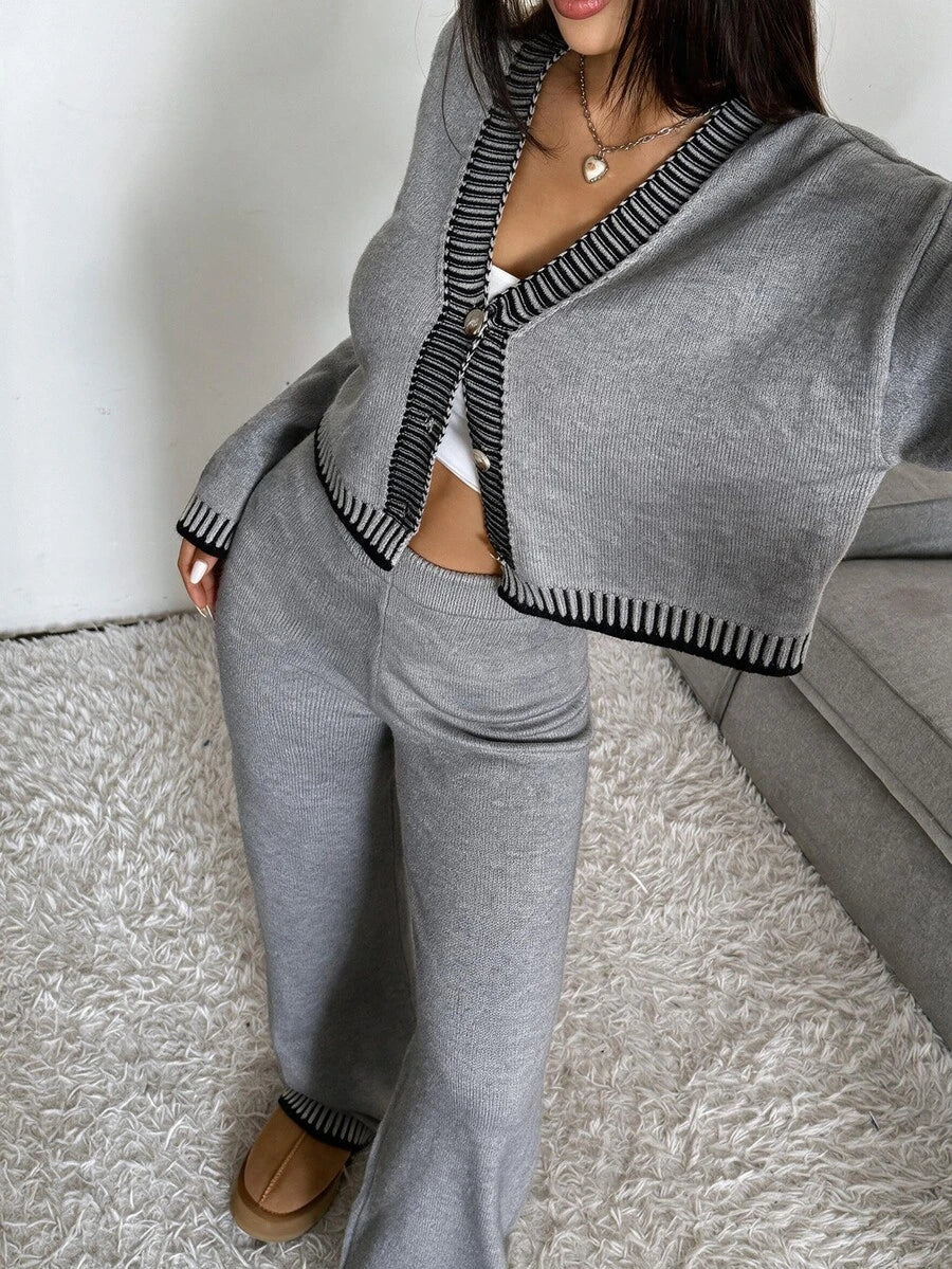 Domenica Contrast Trim Cropped Cardigan and Knit Pants Set - Burgundy