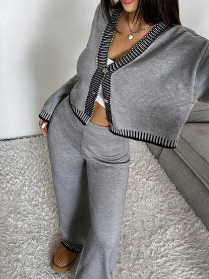 Domenica Contrast Trim Cropped Cardigan and Knit Pants Set - Burgundy