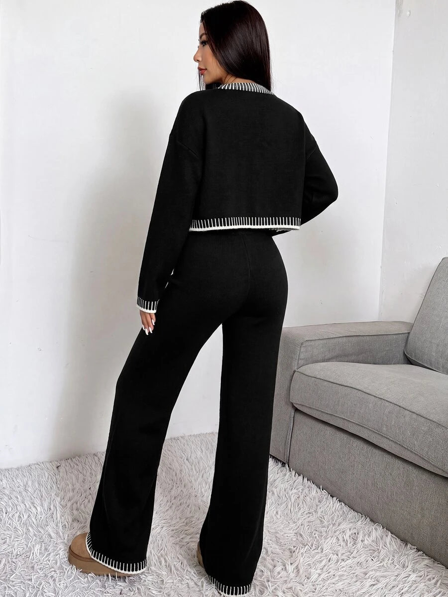 Domenica Contrast Trim Cropped Cardigan and Knit Pants Set Mensa