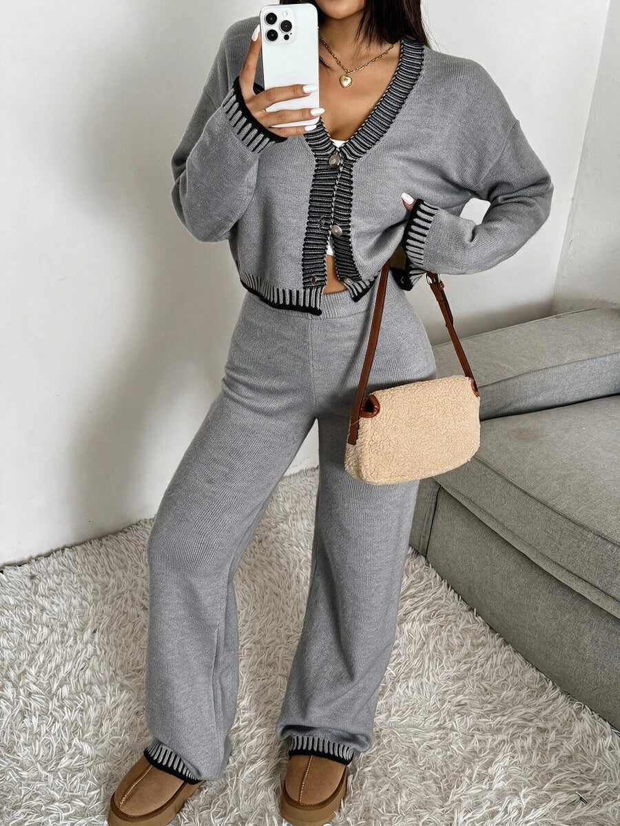 Domenica Contrast Trim Cropped Cardigan and Knit Pants Set - Navy Blue