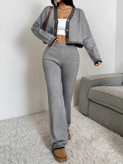 Domenica Contrast Trim Cropped Cardigan and Knit Pants Set - Light Grey