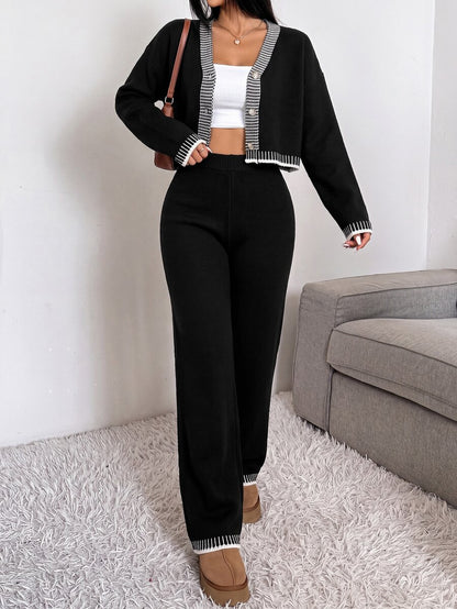 Domenica Contrast Trim Cropped Cardigan and Knit Pants Set - Army Green