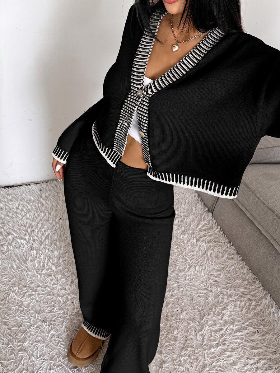 Domenica Contrast Trim Cropped Cardigan and Knit Pants Set - Black