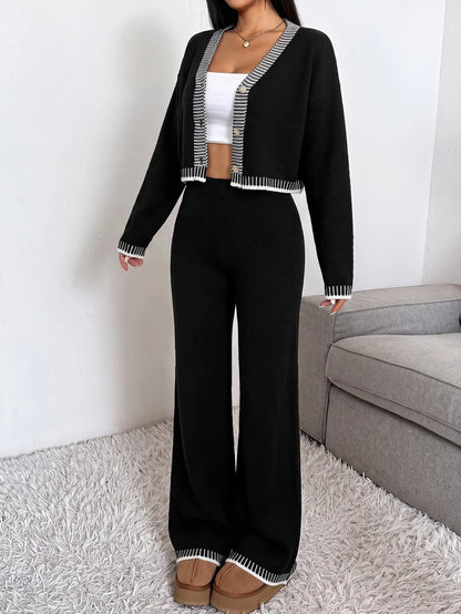 Domenica Contrast Trim Cropped Cardigan and Knit Pants Set - Apricot