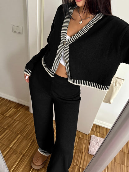 Domenica Contrast Trim Cropped Cardigan and Knit Pants Set Mensa