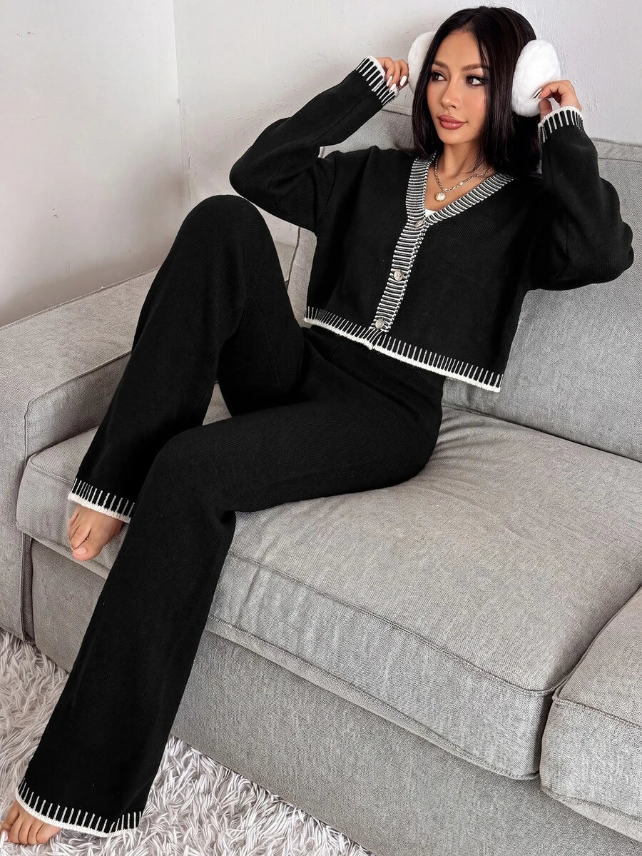 Domenica Contrast Trim Cropped Cardigan and Knit Pants Set - Black