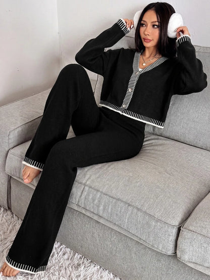Domenica Contrast Trim Cropped Cardigan and Knit Pants Set - Black