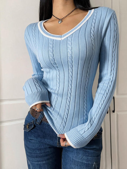 Saskia Slim V Neck Twist Cable Knit Sweater with Contrast Trim - Baby Blue