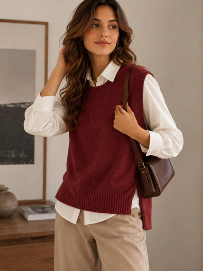 Women's Side Slit Knit Sweater Vest, Sleeveless Layering Top for Fall Work Casual - Grey