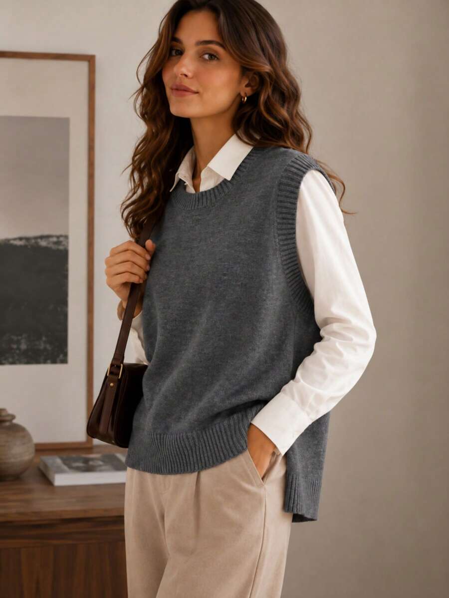 Women's Side Slit Knit Sweater Vest, Sleeveless Layering Top for Fall Work Casual - Burgundy