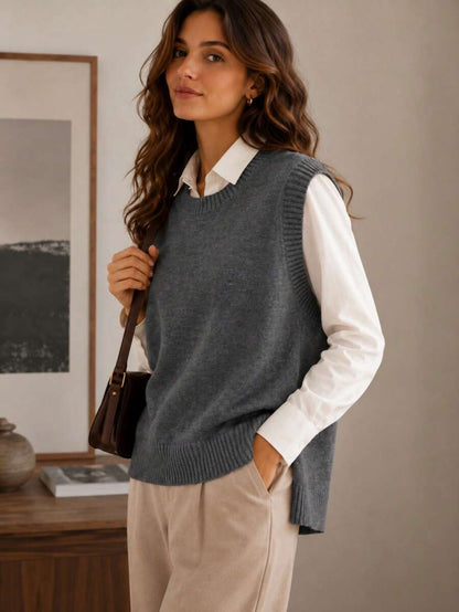 Women's Side Slit Knit Sweater Vest, Sleeveless Layering Top for Fall Work Casual - Burgundy
