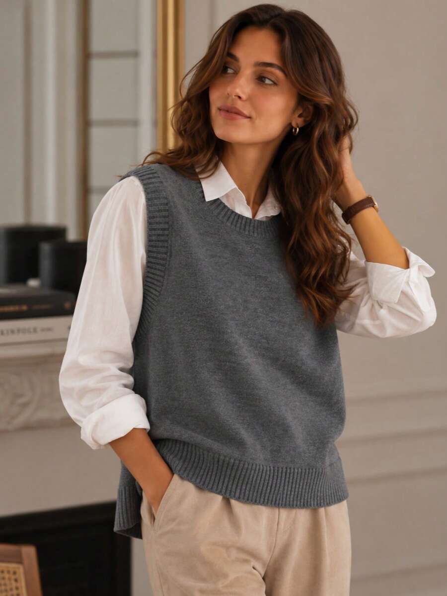 Women's Side Slit Knit Sweater Vest, Sleeveless Layering Top for Fall Work Casual - Coffee Brown