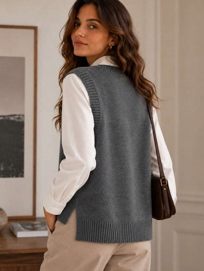 Women's Side Slit Knit Sweater Vest, Sleeveless Layering Top for Fall Work Casual - Apricot