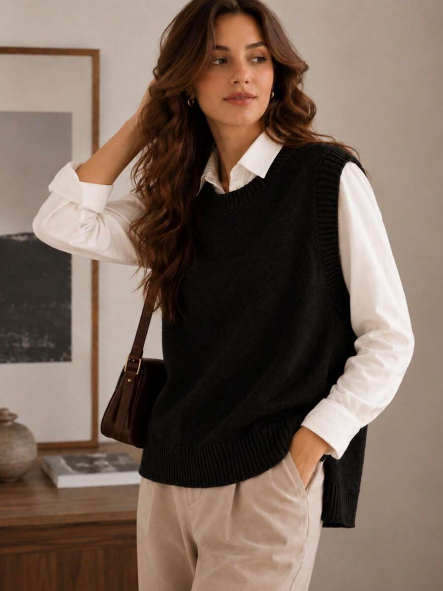Women's Side Slit Knit Sweater Vest, Sleeveless Layering Top for Fall Work Casual - Chocolate Brown