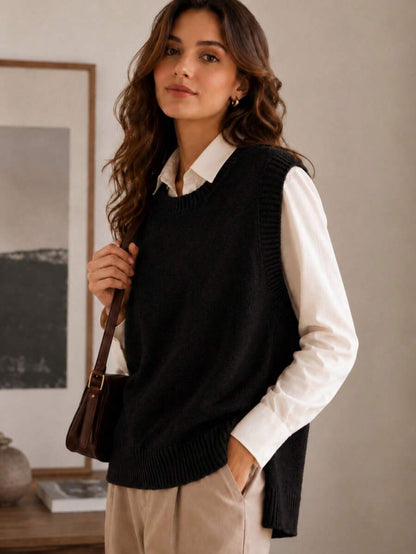 Women's Side Slit Knit Sweater Vest, Sleeveless Layering Top for Fall Work Casual - Black