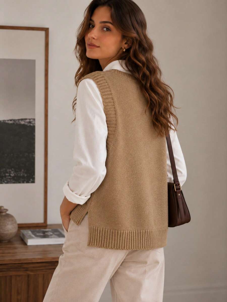 Women's Side Slit Knit Sweater Vest, Sleeveless Layering Top for Fall Work Casual - Burgundy