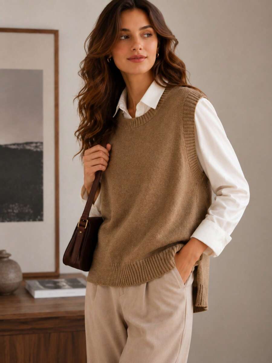 Women's Side Slit Knit Sweater Vest, Sleeveless Layering Top for Fall Work Casual - Coffee Brown